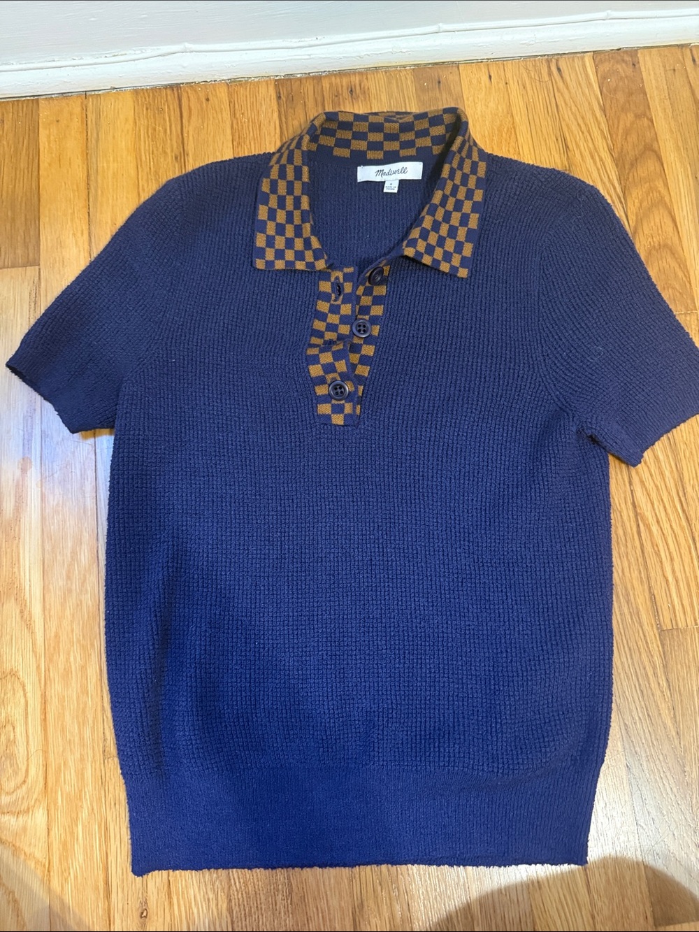 Madewell Navy Short-Sleeve Knit Polo with Checkerboard Collar